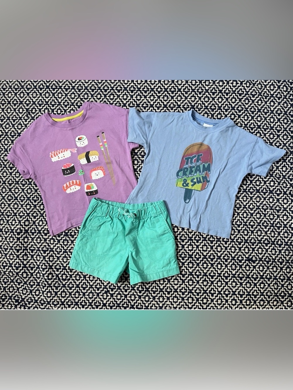 Mini Boden Kids' Purple Sushi Graphic Tee + Ice Cream Tee & Green Shorts
